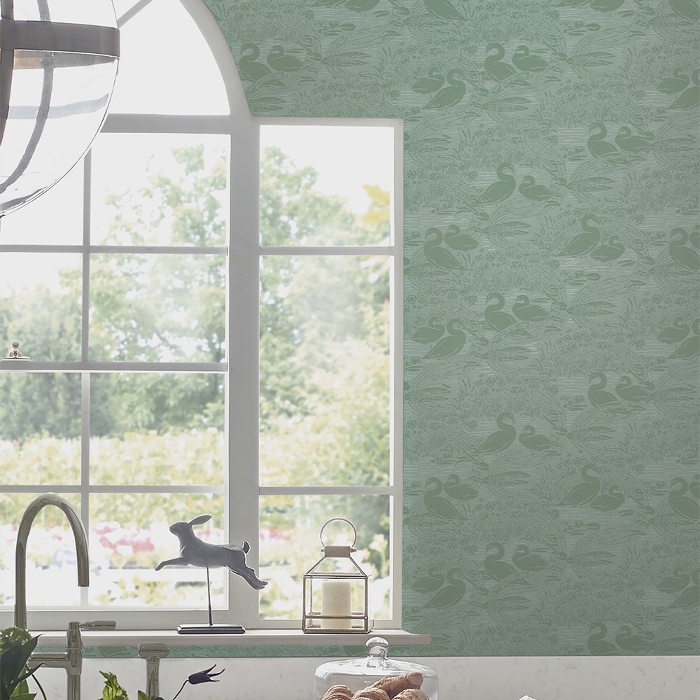 Swans Wallpaper 118472 by Laura Ashley in Jade Green